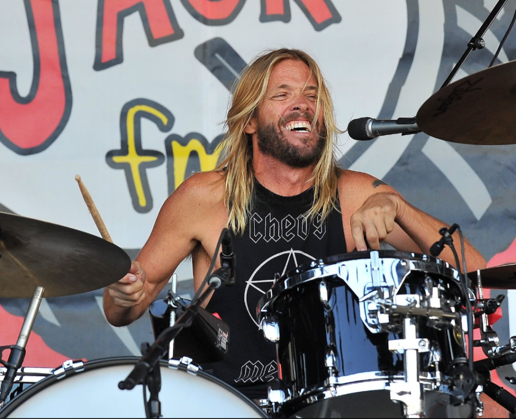 Picture of Taylor Hawkins playing drums. 